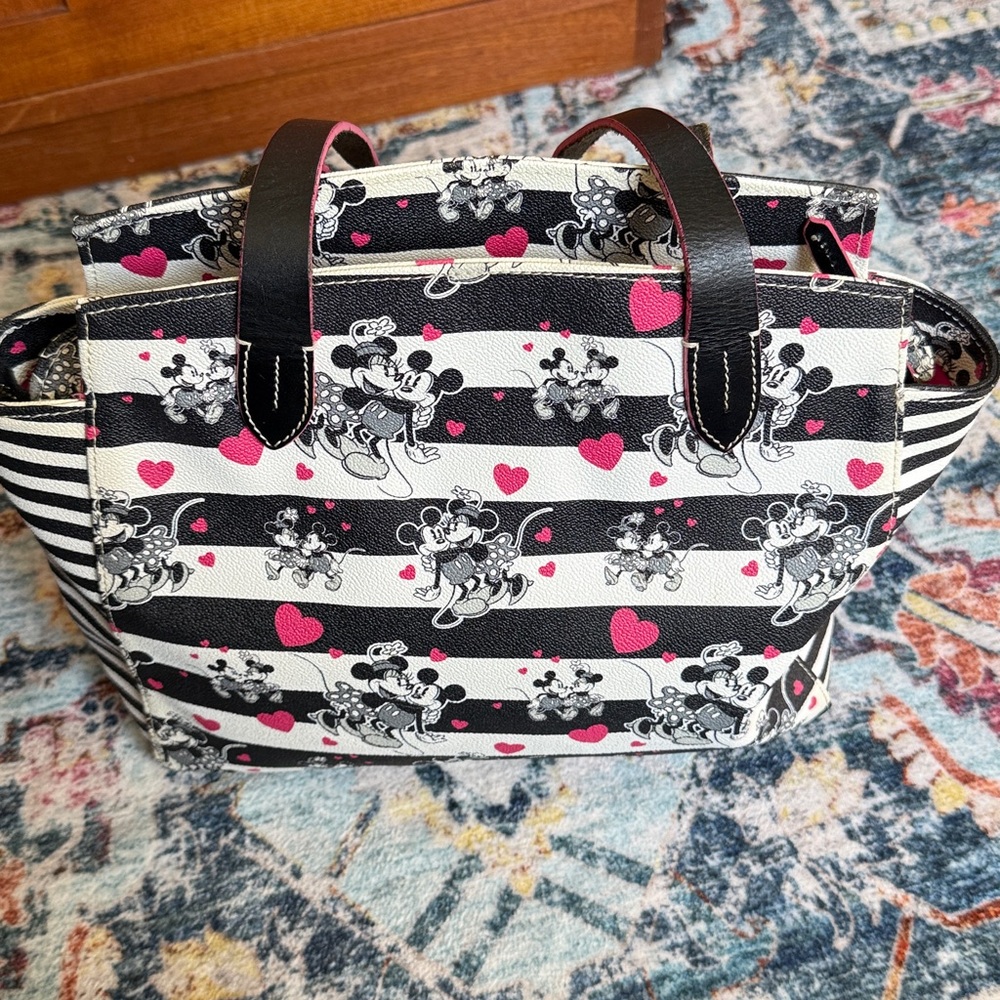 Dooney & Bourke Black & White Stripe Mickey Mouse Tote with Pink Hearts - Picture 7 of 10